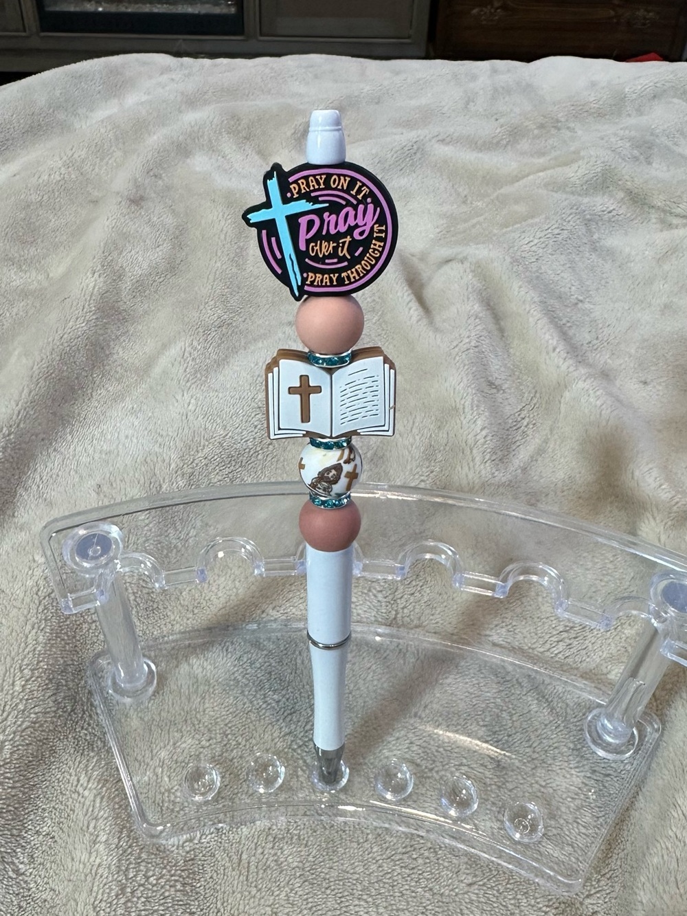 Prayer Themed Beaded Pen - White, Pink, Gold Accents